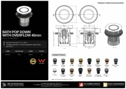 40mm Bath Pop Down Waste With Over Flow 21812 | Art Australia -HERA BATHWARE 40mm bath pop down waste with over flow 21812 art australiachromepop up wasteart australia 351185