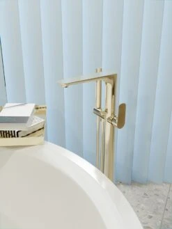 Bianca Freestanding Bath Mixer With Hand Shower -HERA BATHWARE bianca freestanding bath mixer with hand showerbrushed goldfloor bath mixernero tapware 737001