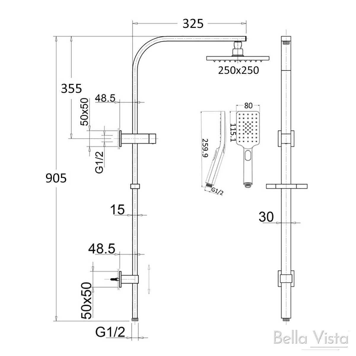 Dual Shower Rail With Rain Fall Head - Square 7 Dual Shower Rail With Rain Fall Head - Square - Image 7