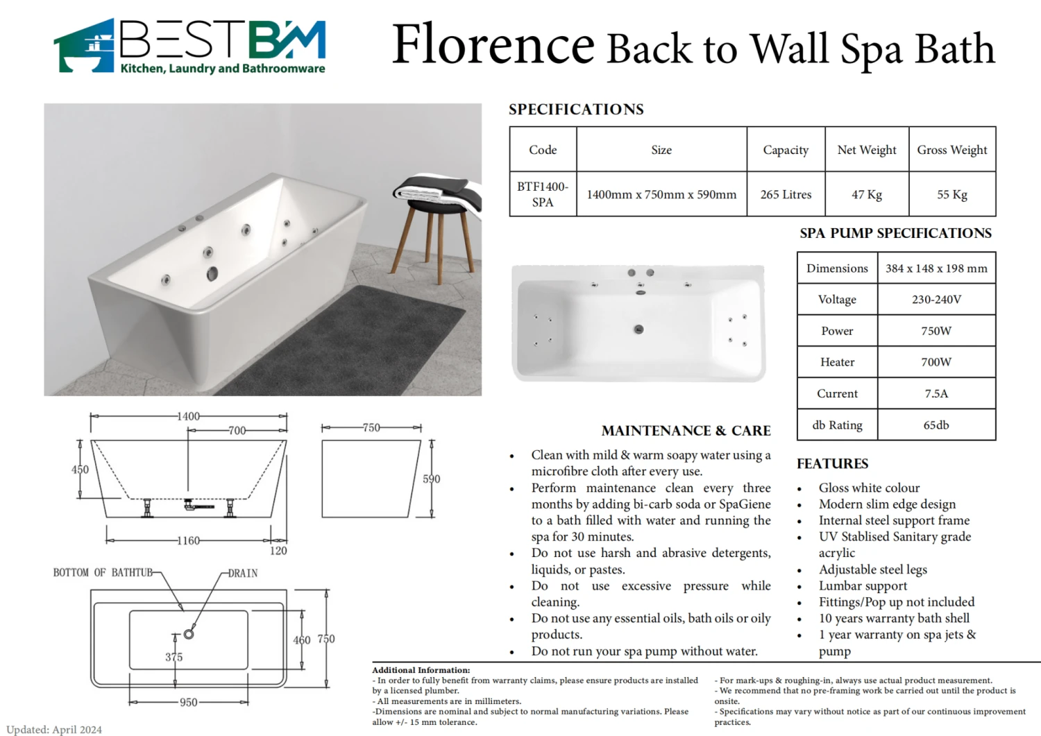 FLORENCE Back To Wall Spa Bathtub 2 FLORENCE Back To Wall Spa Bathtub - Image 2