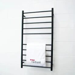 Matte Black Heated Round Ladder Towel Rails (240V) -HERA BATHWARE matte black heated round ladder towel rails 240vmatte black600w1100hmm 10 barsheated towel railradiant 345373
