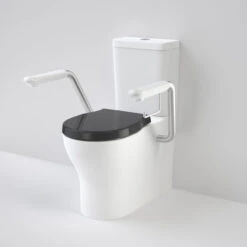 OPAL Cleanflush Easy Height Wall Faced Close Coupled Suite With Armrest | CAROMA -HERA BATHWARE opal cleanflush easy height wall faced close coupled suite with armrest caromadouble flap seat blacktoiletcaroma 722299