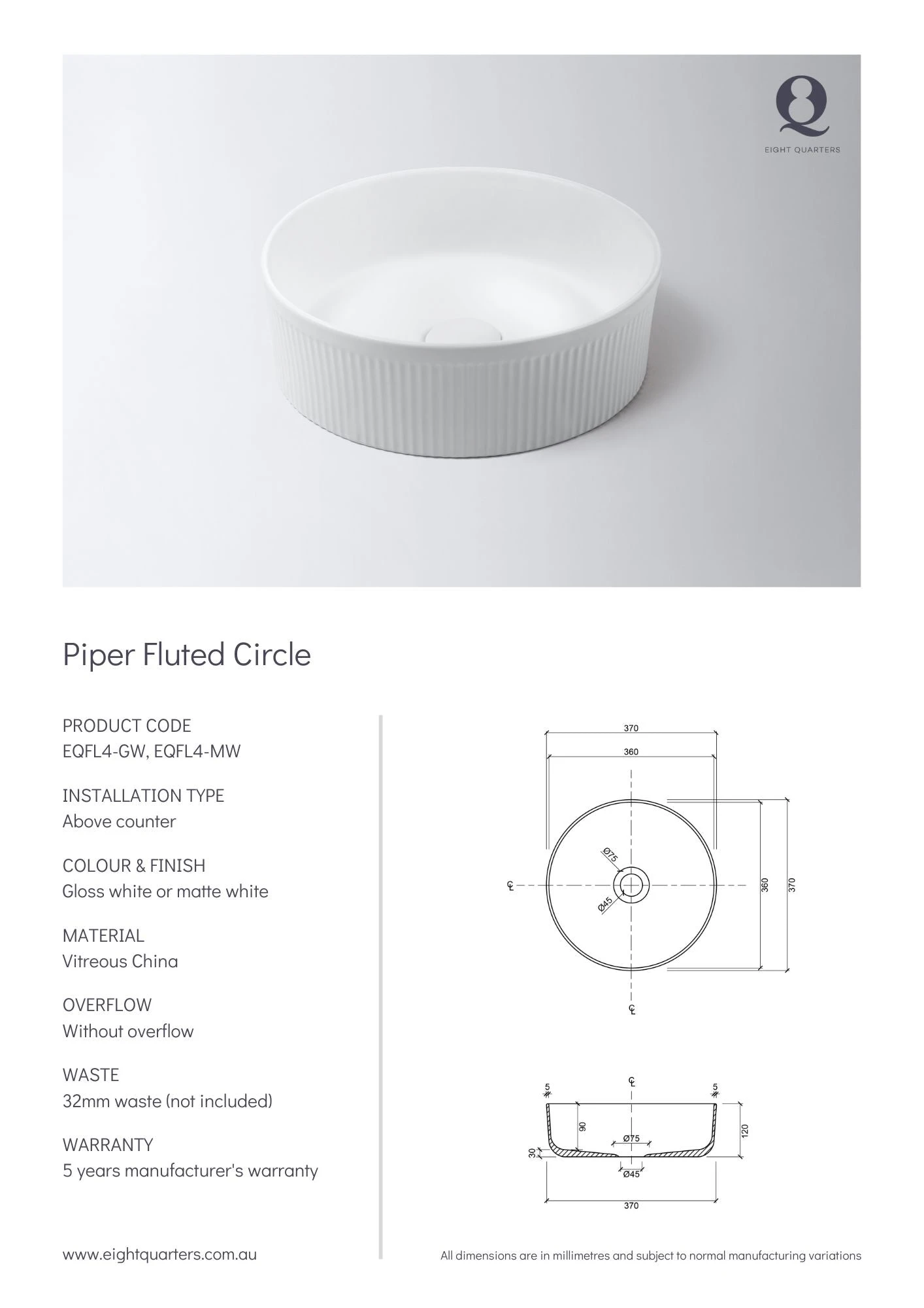 Piper Fluted Circle Above Counter Basin | Eight Quarter | EQFL 3 Piper Fluted Circle Above Counter Basin | Eight Quarter | EQFL - Image 3