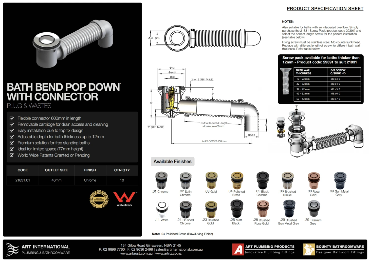 40mm Bath Bend Pop Down With Connector 21831 | Art Australia 2 40mm Bath Bend Pop Down With Connector 21831 | Art Australia - Image 2