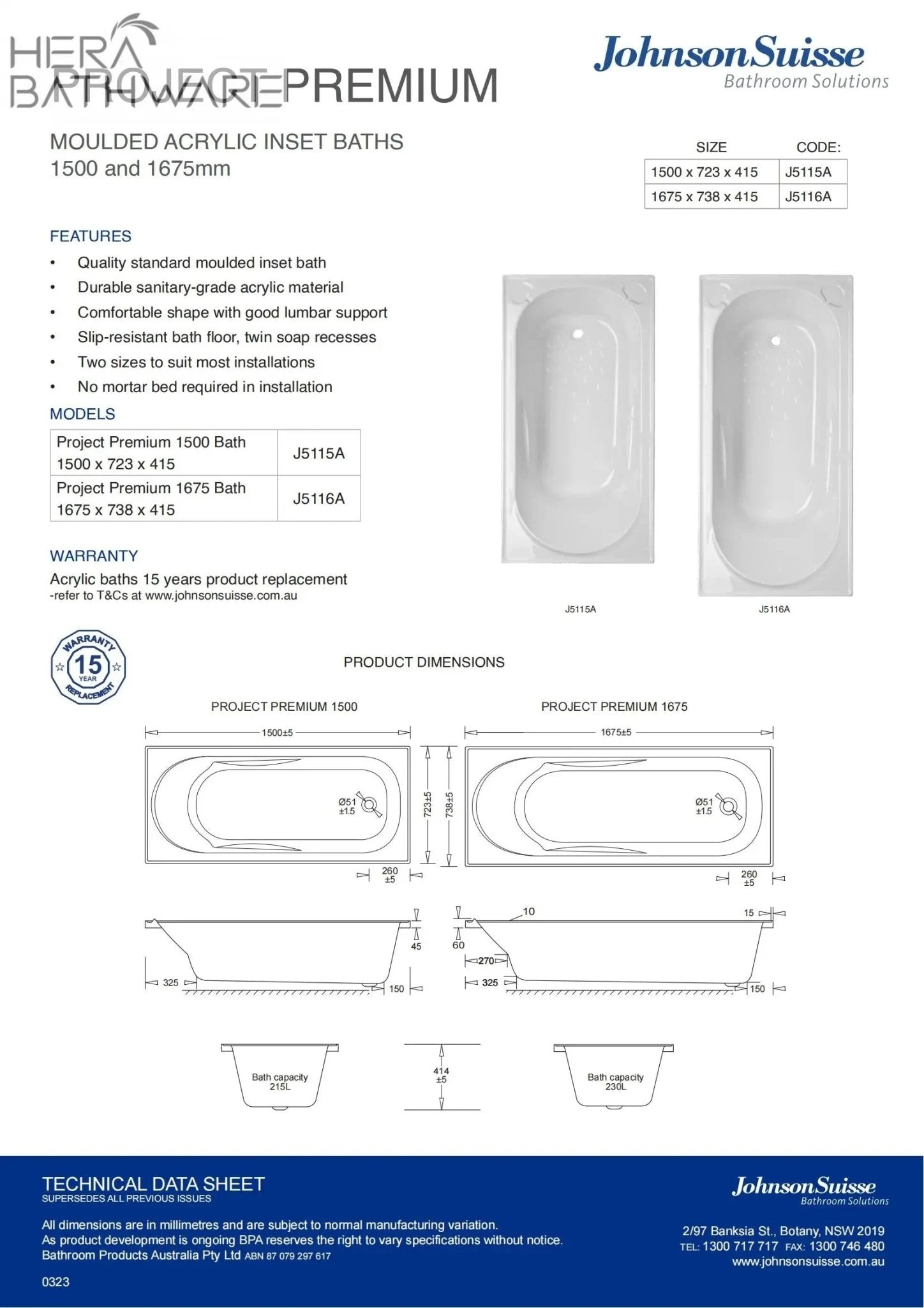 Project Premium Acrylic Bath 1500 2 Project Premium Acrylic Bath 1500 - Image 2