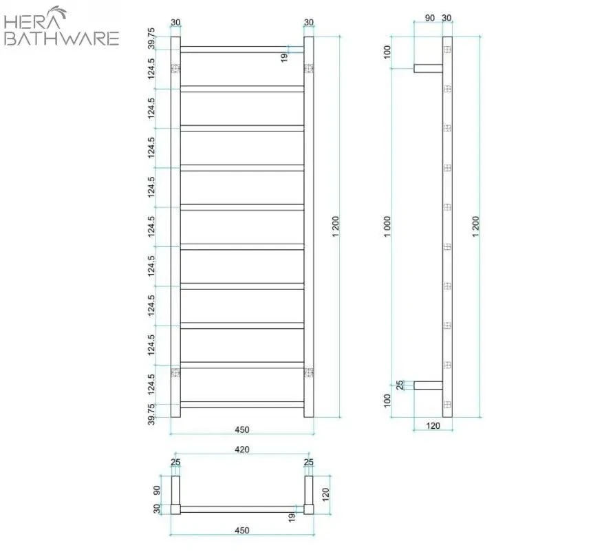 Thermogroup SS19M Straight Square Ladder Heated Towel Rail 450*1200*120mm 2 Thermogroup SS19M Straight Square Ladder Heated Towel Rail 450*1200*120mm - Image 2