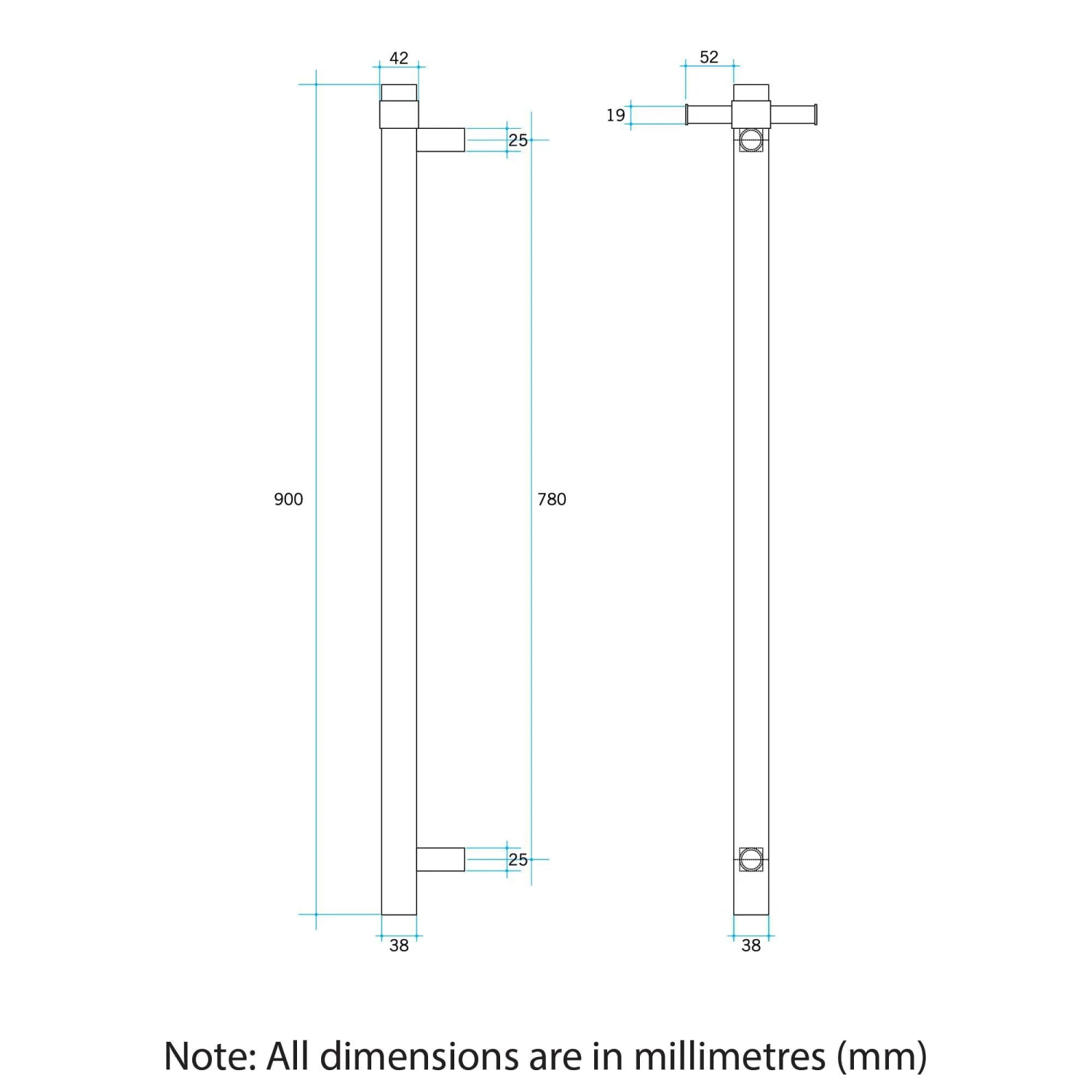 Thermogroup VS900SH Square Vertical Single Bar Heated Towel Rail 4 Thermogroup VS900SH Square Vertical Single Bar Heated Towel Rail - Image 4