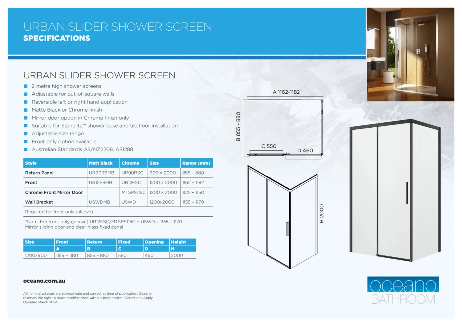 Urban Slider Alcove Shower Front Screen Only 1200mm | 2000mm High | Oceano 4 Urban Slider Alcove Shower Front Screen Only 1200mm | 2000mm High | Oceano - Image 4